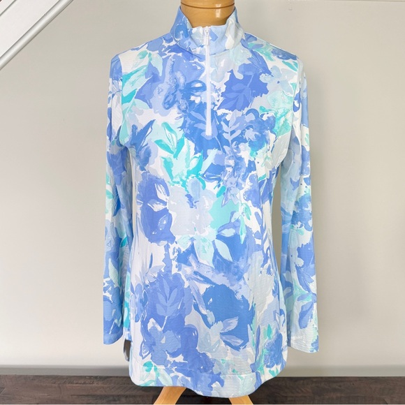 G Lifestyle Clothing Tops - G Lifestyle Monet Long Sleeve Zip Neck Hi Lo Tunic Top Aqua Blue Medium